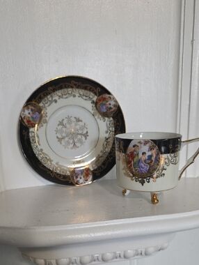 Victorian Royal Halsey L M Footed Tea Cup & Saucer Very Fine Bone China